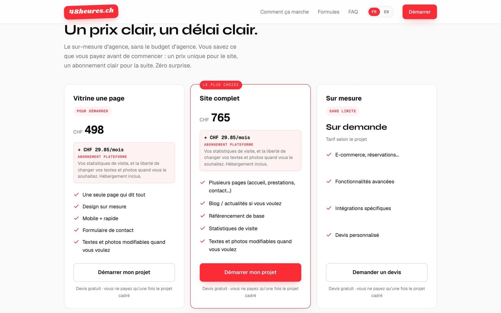 Os planos do 48heures.ch: site montra de uma página por CHF 498 e site completo por CHF 765, com subscrição da plataforma incluída