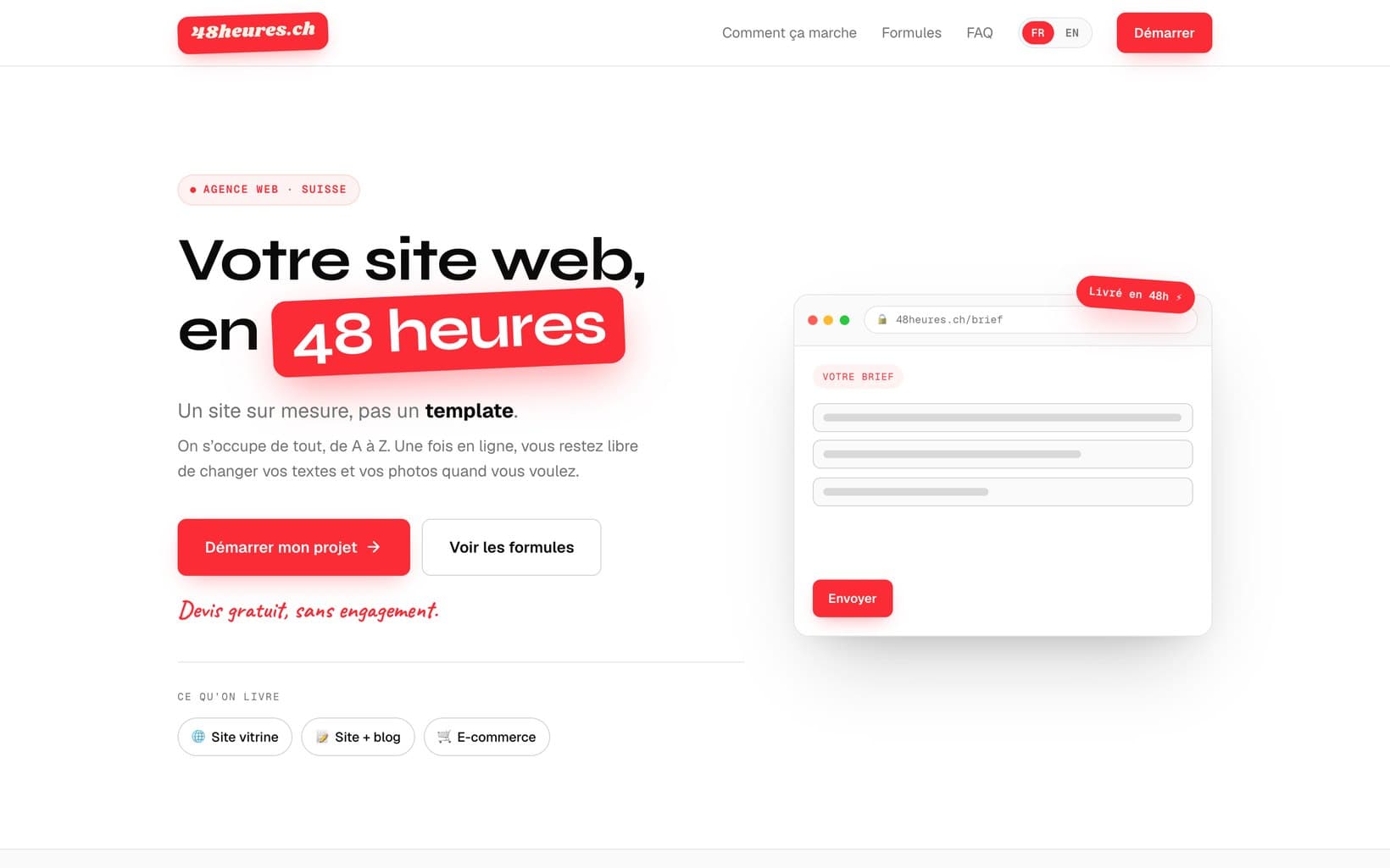 A página inicial do 48heures.ch: «O seu site, em 48 horas», um site à medida, não um template